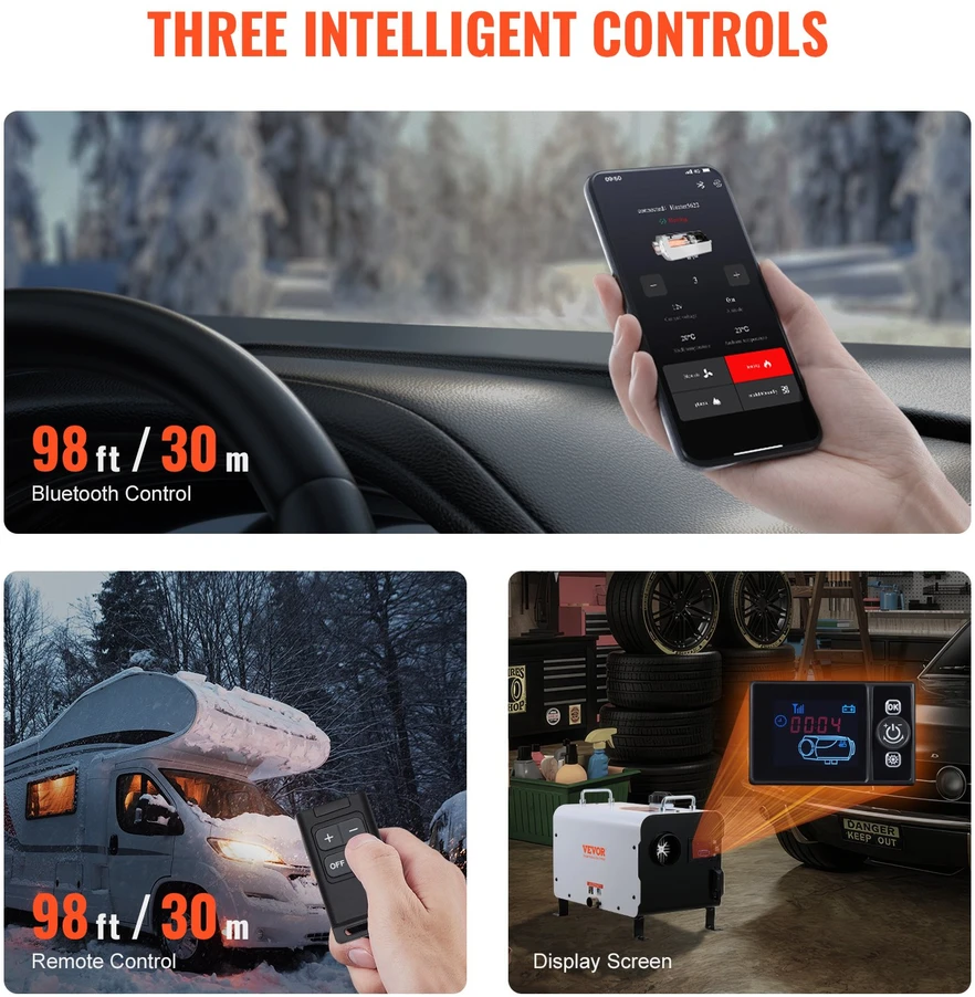 Dyzelinis oro šildytuvas 5-8kW 12V/24V su Bluetooth programėle. pulteliu ir CO signalizacija. atviroms erdvėms