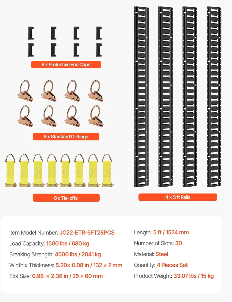 E-Track tvirtinimo bėgelių komplektas. 30 vnt.. iki 454 kg. ilgis 5 pėdų. plieniniai bėgeliai su dirželiais