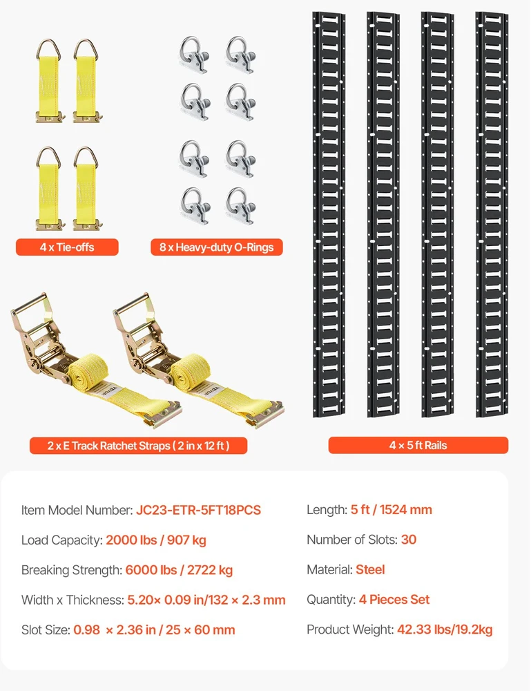 E-Track tvirtinimo bėgių komplektas 18 vnt.. bėgiai 1524 mm. apkrova 907 kg