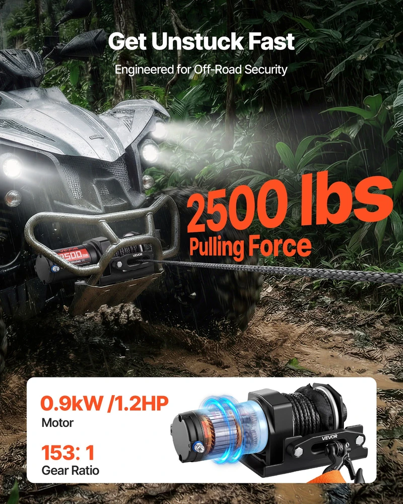 Elektrinė gervė 1134 kg. 12V. ATV/UTV. sintetinis lynas Ø4.8mm x 12m. laidinis pultelis. IP55