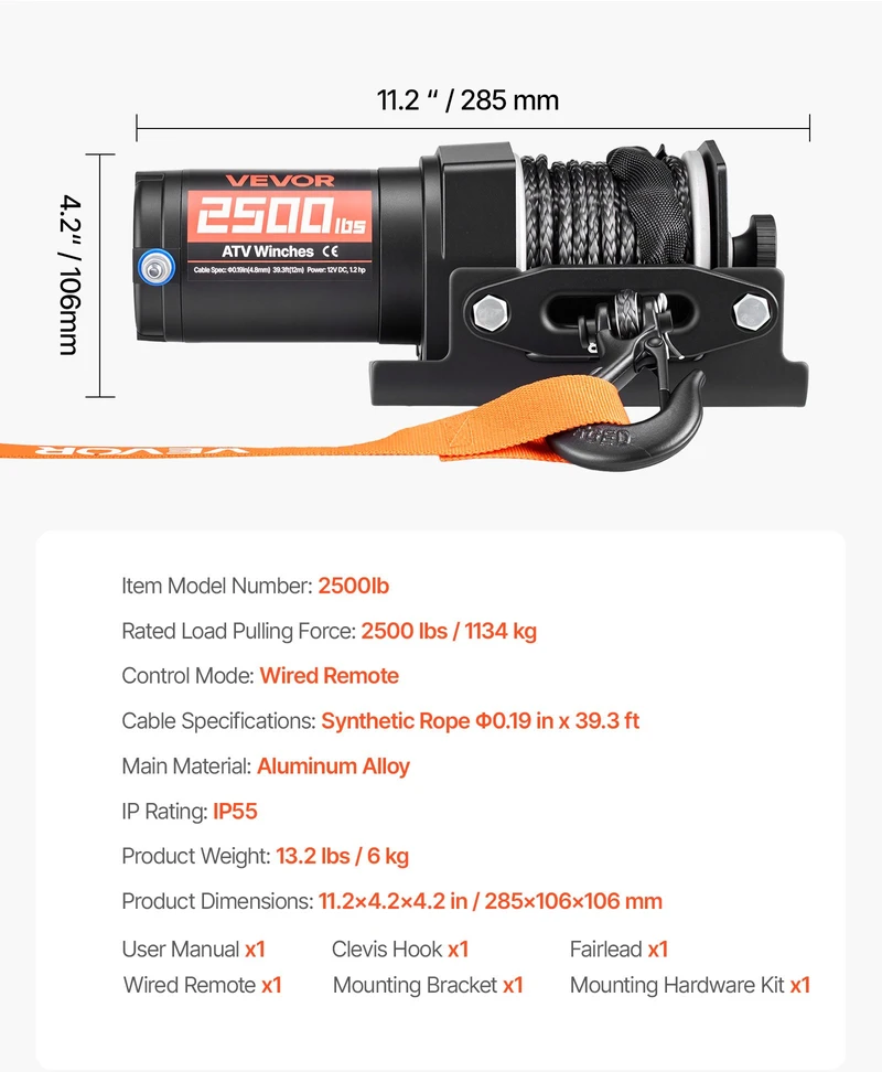 Elektrinė gervė 1134 kg. 12V. ATV/UTV. sintetinis lynas Ø4.8mm x 12m. laidinis pultelis. IP55