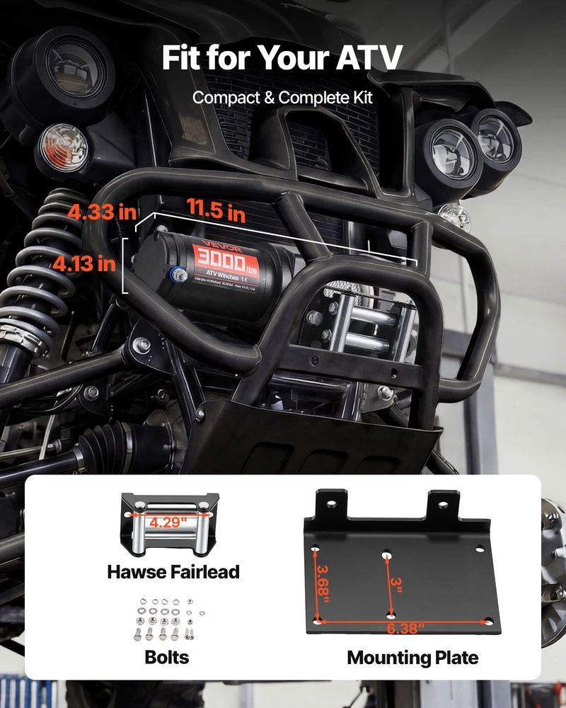 Elektrinė gervė ATV/UTV 1360 kg. 12 V. plieno lynas Ø5 mm x 12 m. IP55