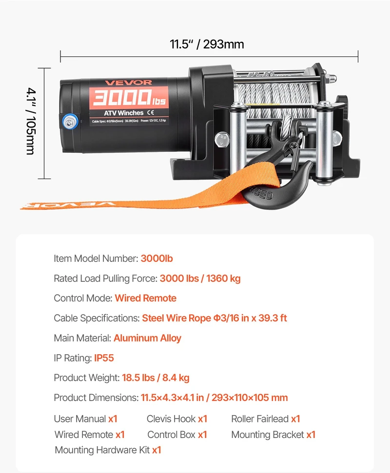 Elektrinė gervė ATV/UTV 1360 kg. 12 V. plieno lynas Ø5 mm x 12 m. IP55