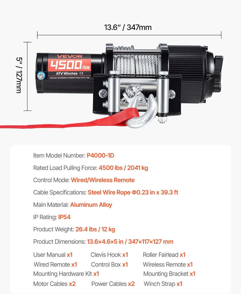 Elektrinė gervė ATV/UTV 2041 kg. 12 V. plieno lynas Ø6 mm x 12 m. IP54