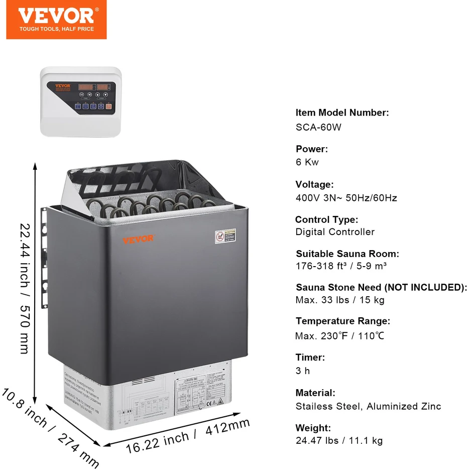 Elektrinė pirties krosnelė 6 kW 400 V skaitmeninis reguliatorius 5-9 m³