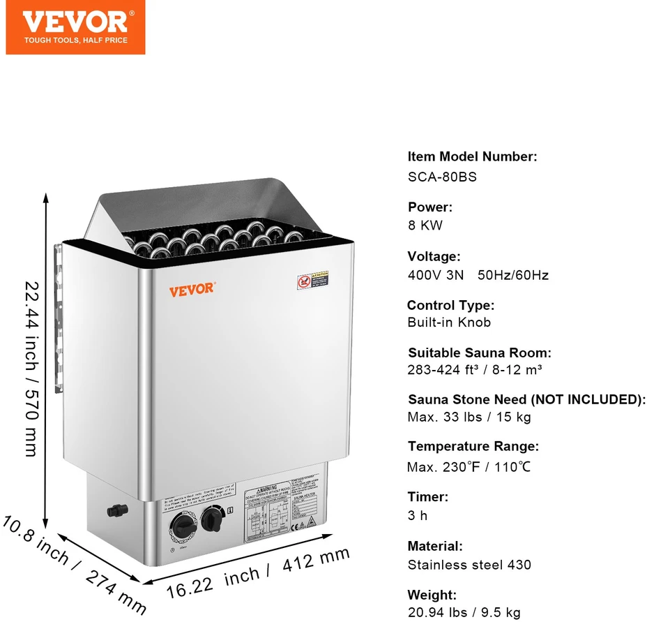 Elektrinė pirties krosnelė 8 kW 400V nešiojama laikmatis 3 val. patalpai 8-12 m³