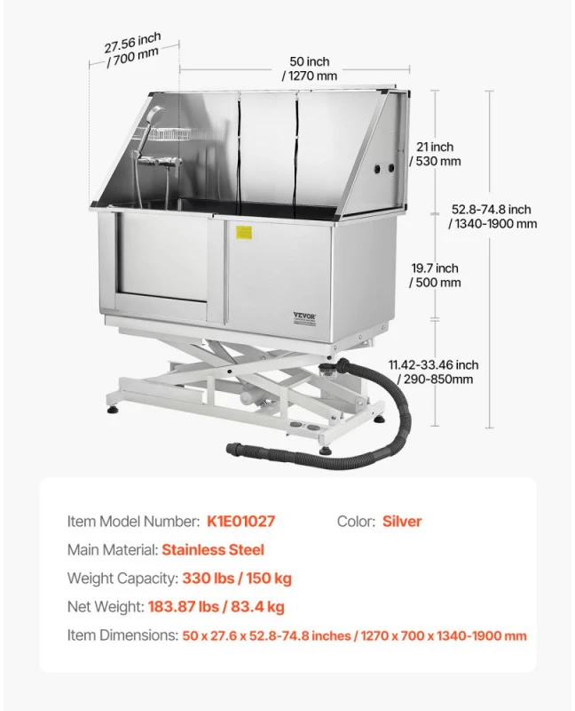 Elektrinė šunų maudymo vonia 127 cm nerūdijančio plieno (kairės durys)
