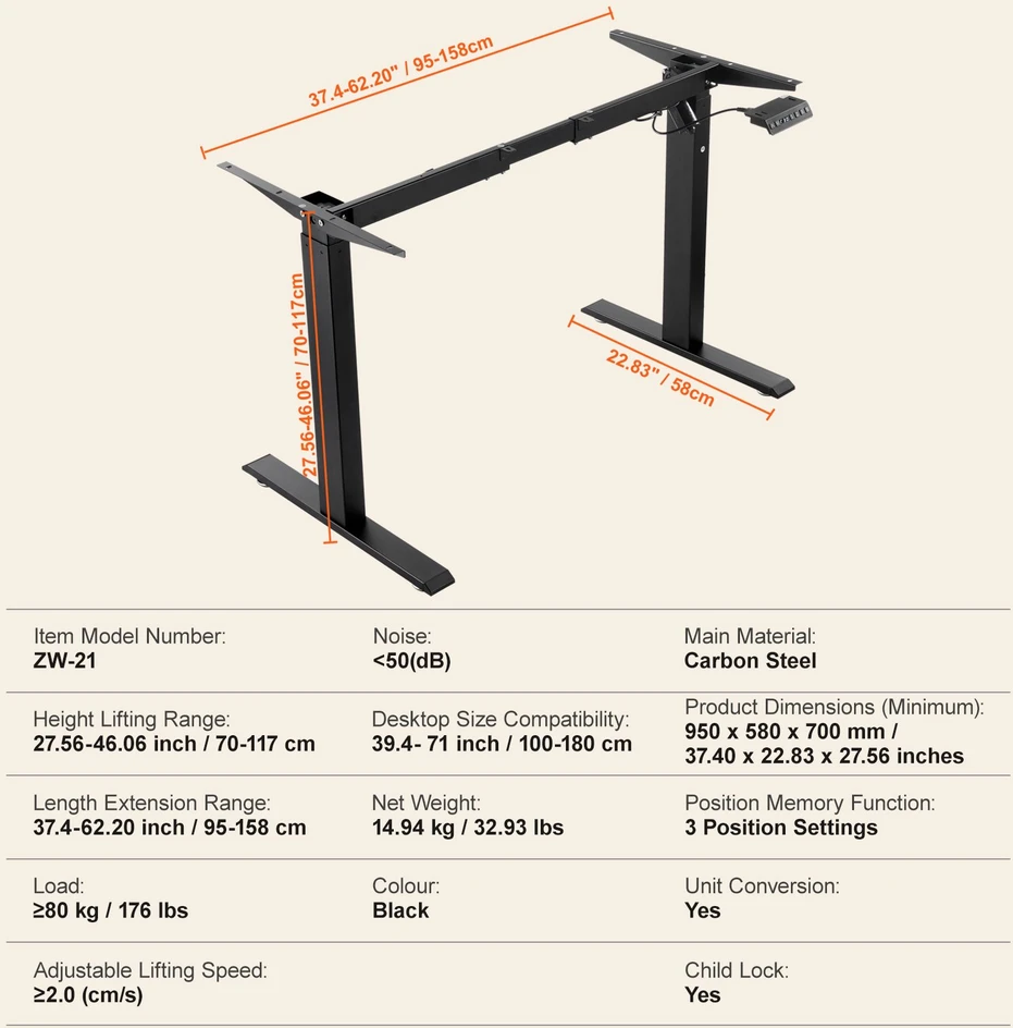 Elektrinis stovimojo stalo rėmas. aukštis 70–117 cm. ilgis 95–158 cm. juodas. tik rėmas