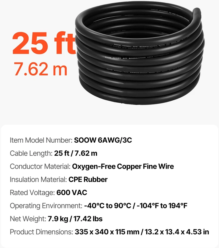 Elektros ilginamasis kabelis, 7,62 m, 6AWG (16 mm²), varinis