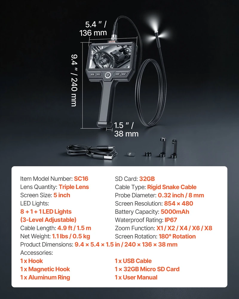 Lankstus (valdomas) endoskopas trigubu lęšiu 5'' ekranas 8x zoom baterija 5000 mAh IP67 vandeniui atspari