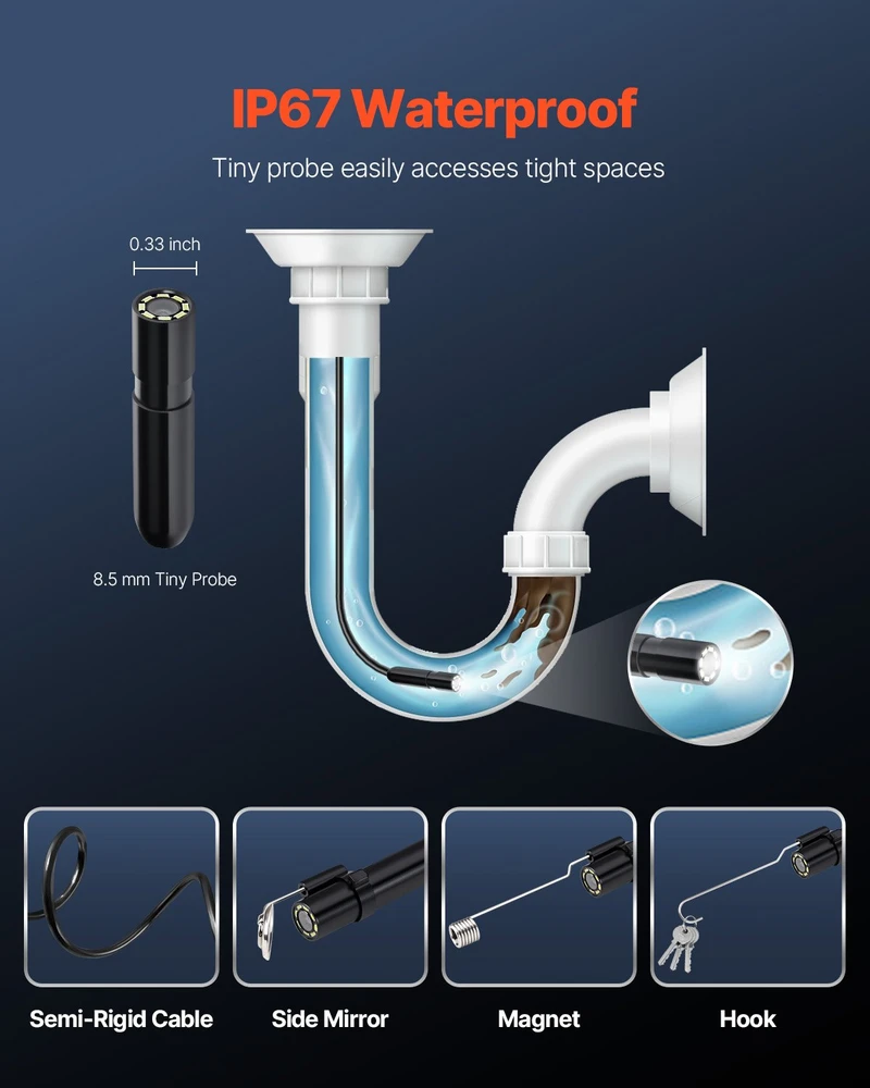 Endoskopo kamera con kabeliu Semirigido da 15 m Apžiūros kamera pramoninis boroskopas HD 1920P su apšvietimu - 8 LED Zoom 2X Impermeabile IP67 per Auto kabeliu Idraulic