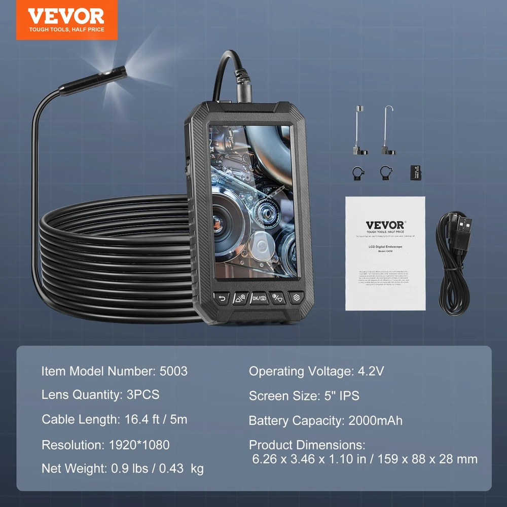Endoskopo kamera Luce boroskopas a trigubu lęšiu con kabeliu 5 m Scheda 32 GB ekranu 127 mm 1080P Luci LED Telecamera a Serpente Impermeabile IP67 Idraulica Telecamera per Ispezione