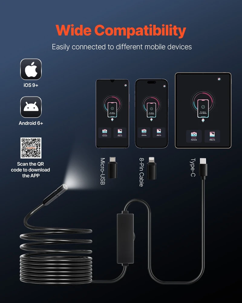 Endoskopo kamera su apšvietimu Apžiūros kamera con 8 LED apšvietimu con kabeliu Semirigido da 5 m boroskopas HD 1920P con Zoom 2X Impermeabile IP67 per Auto kabeliu Idraulico