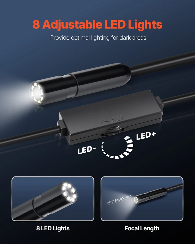 Endoskopo kamera su apšvietimu Apžiūros kamera con 8 LED apšvietimu con kabeliu Semirigido da 3 m boroskopas HD 1920P con Zoom 2X Impermeabile IP67 per Auto kabeliu Idraulico