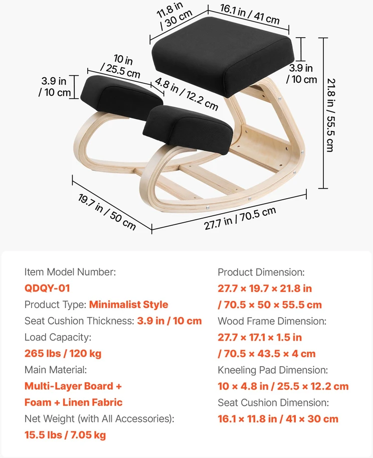 Ergonominė klūpėjimo kėdė su putų pagalvėle. medinis rėmas. apkrova iki 120 kg. nugarai ir kaklui. juoda