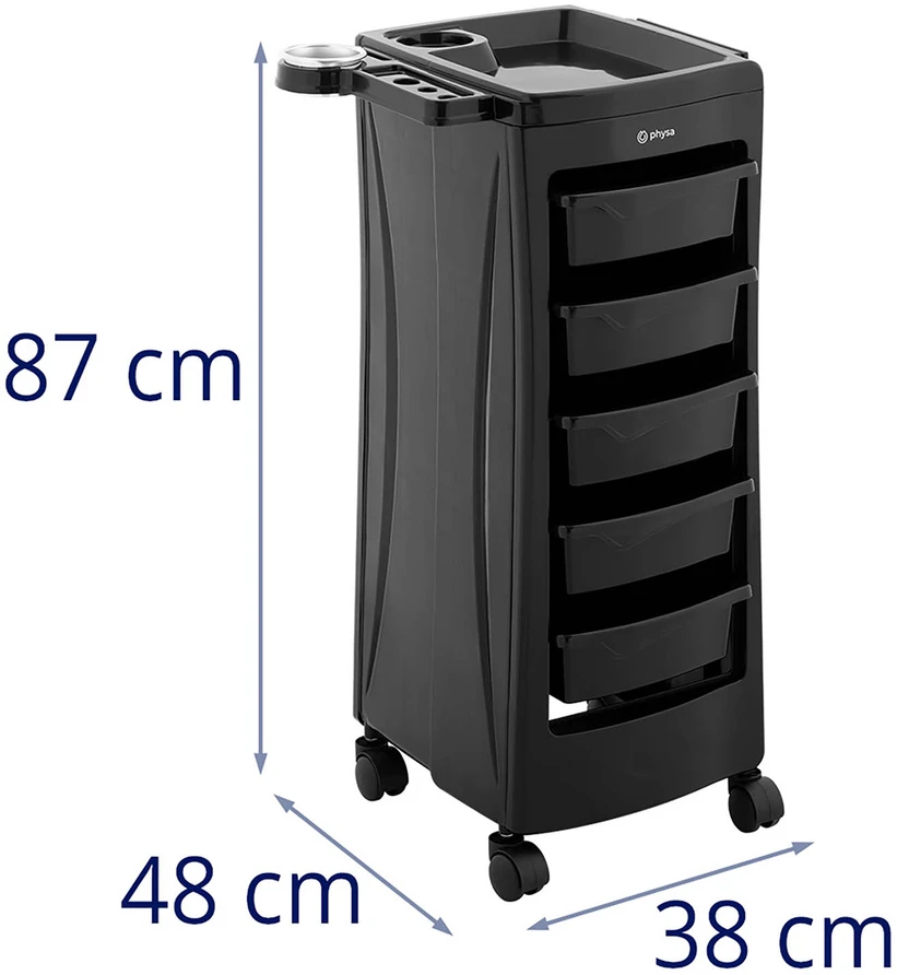 Ergonomiškas kirpyklos vežimėlis su plaukų džiovintuvo laikikliu. 5 stalčiai. juodas