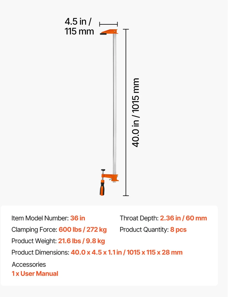 F spaustuvų komplektas medienai 914 cm atvėrimas 8 vnt. apkrova 272 kg