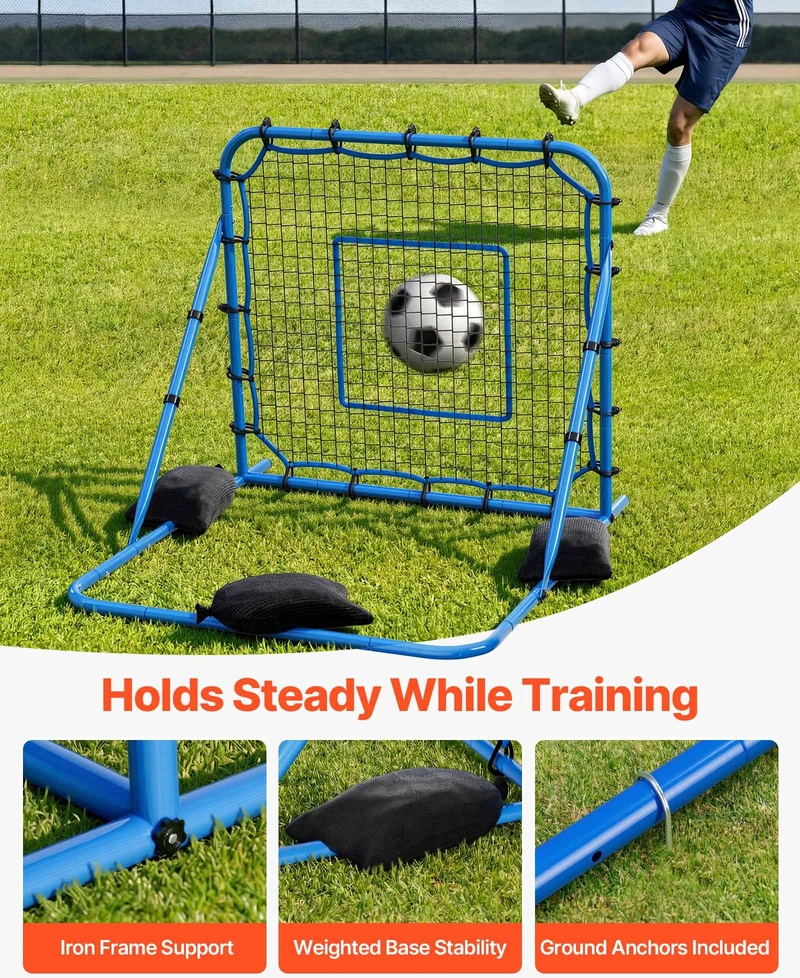 Futbolo atmušimo tinklas 1080 x 1090 mm. PE tinklas su reguliuojamu kampu ir geležiniu rėmu. sportinėms treniruotėms