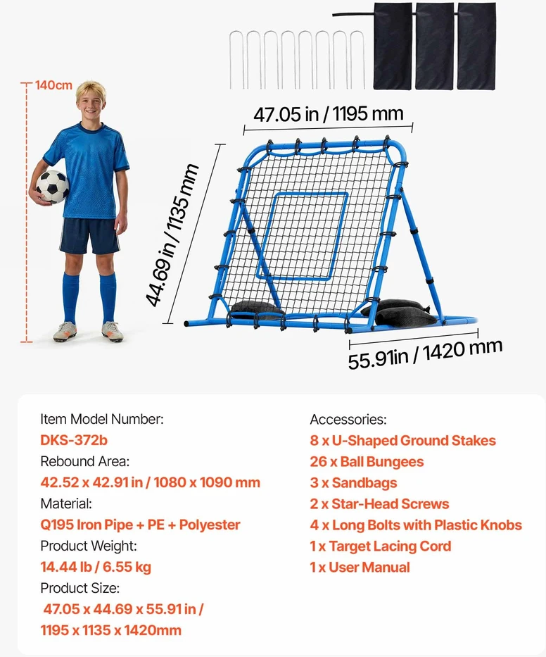 Futbolo atmušimo tinklas 1080 x 1090 mm. PE tinklas su reguliuojamu kampu ir geležiniu rėmu. sportinėms treniruotėms