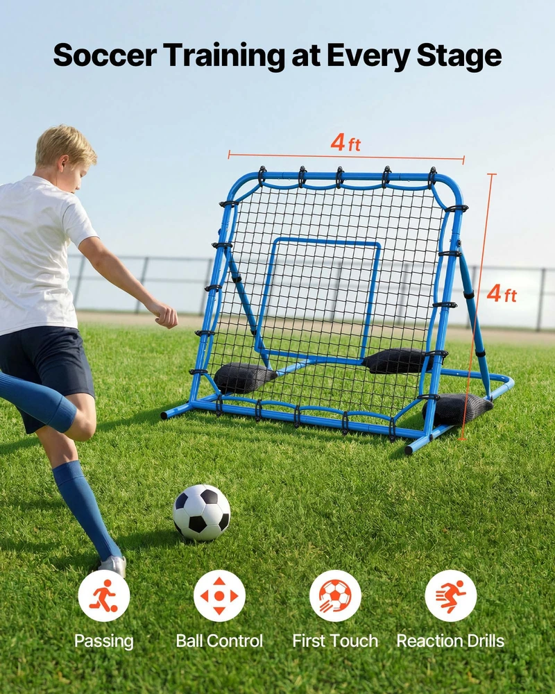 Futbolo atmušimo tinklas 1080 x 1090 mm. PE tinklas su reguliuojamu kampu ir geležiniu rėmu. sportinėms treniruotėms