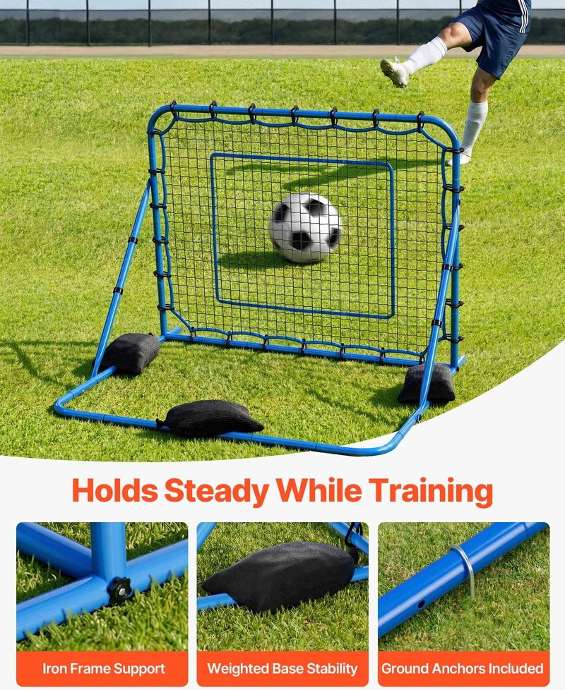 Futbolo atmušimo tinklas 147 x 117 cm. PE tinklas su reguliuojamu kampu ir geležiniu rėmu. sportinėms treniruotėms