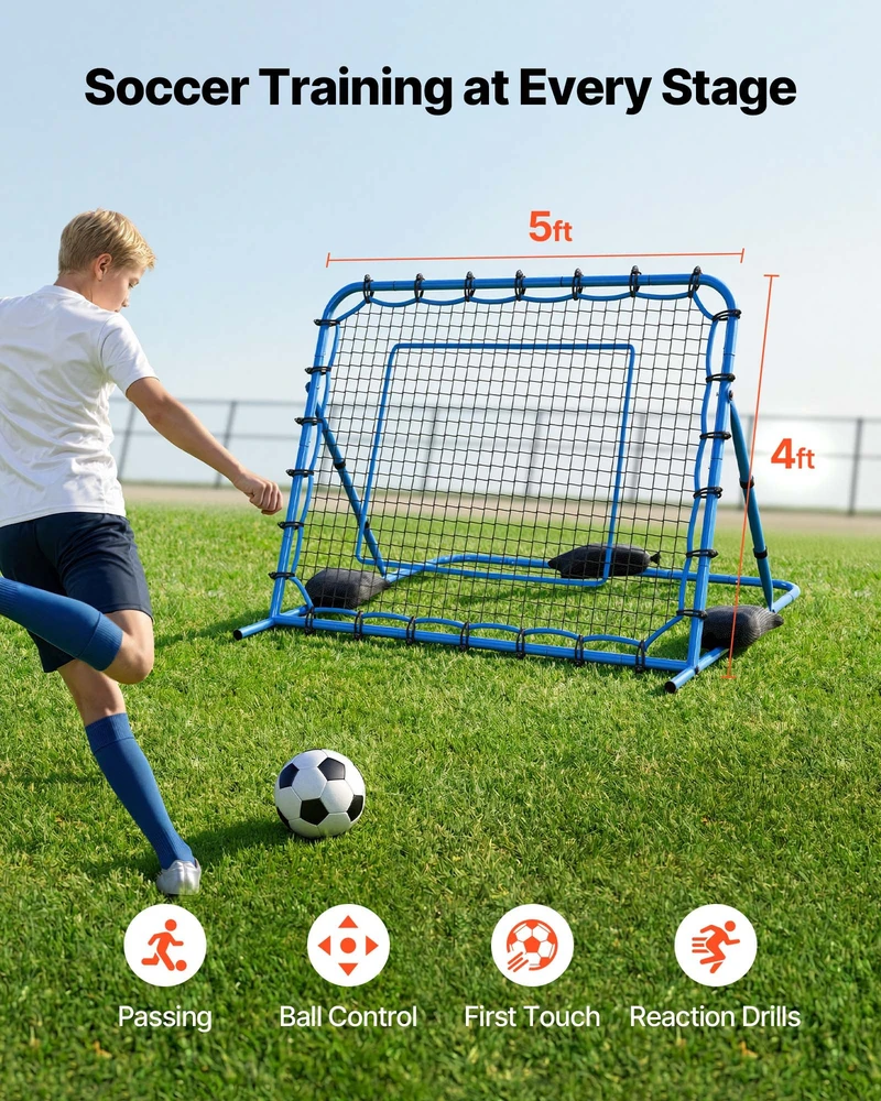 Futbolo atmušimo tinklas 147 x 117 cm. PE tinklas su reguliuojamu kampu ir geležiniu rėmu. sportinėms treniruotėms
