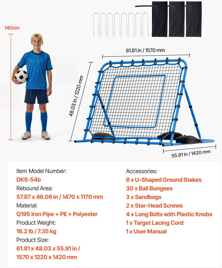 Futbolo atmušimo tinklas 147 x 117 cm. PE tinklas su reguliuojamu kampu ir geležiniu rėmu. sportinėms treniruotėms
