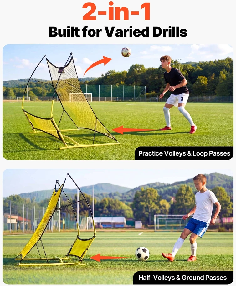 Futbolo atmušimo tinklas. 183 x 108.5 cm. kamuolio paso ir kontrolės treniruotėms. stiklo pluošto stulpeliai ir geležinis rėmas