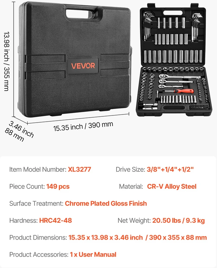 Galvučių ir spragtuko komplektas 149 vnt. 95/64/127 mm su antgaliais