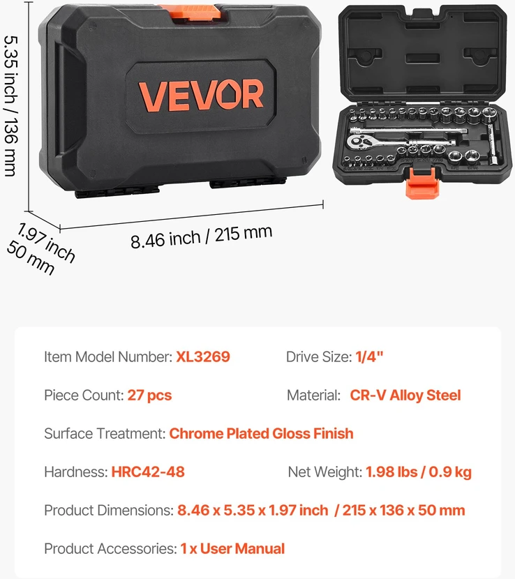 Galvučių ir spragtuko komplektas 27 vnt. 64 mm SAE ir metrinės