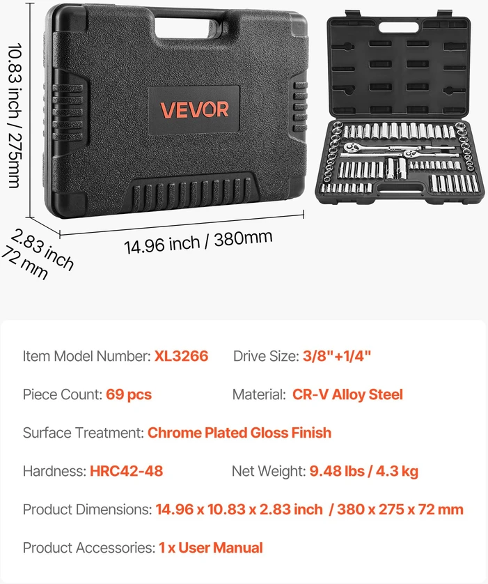 Galvučių ir spragtuko komplektas 69 vnt. 95/64 mm gilios ir standartinės