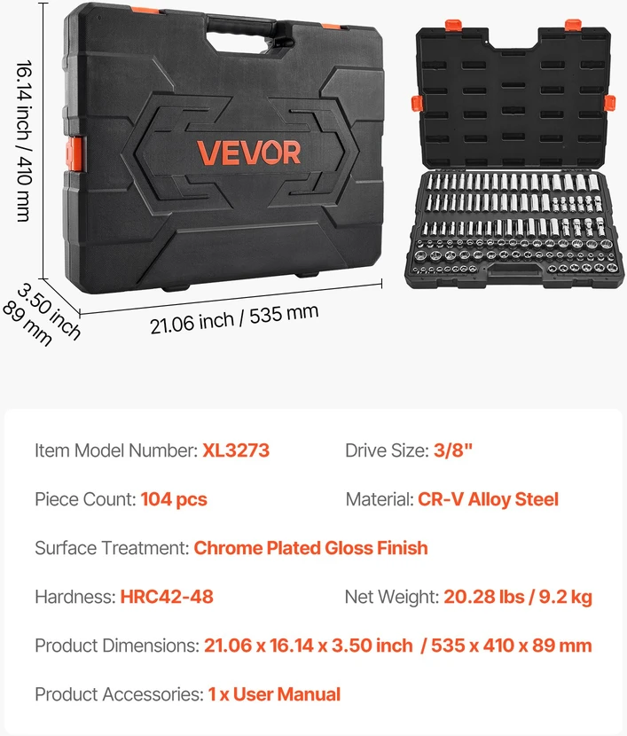 Galvučių įrankių komplektas 104 vnt. 95 mm metrinės 6-24 mm chromuotas
