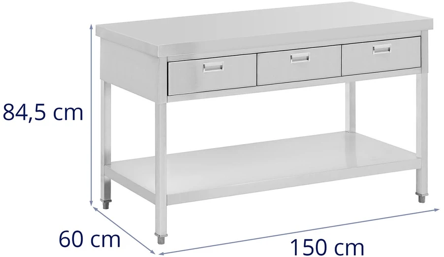 Gastronominis plieno darbo stalas su lentyna ir stalčiais 150 x 60 cm