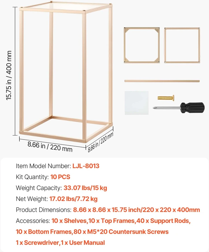 Gėlių stovas vestuvėms. 10 vnt.. 40 cm. akrilo laminatas. aukso spalvos stačiakampis