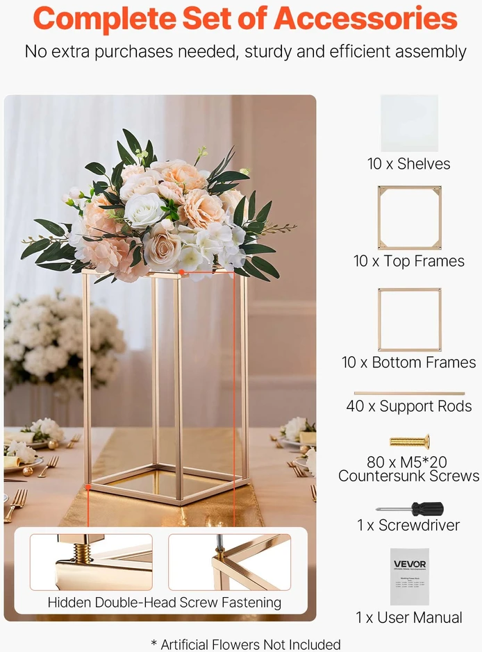 Gėlių stovas vestuvėms. 10 vnt.. 40 cm. akrilo laminatas. aukso spalvos stačiakampis