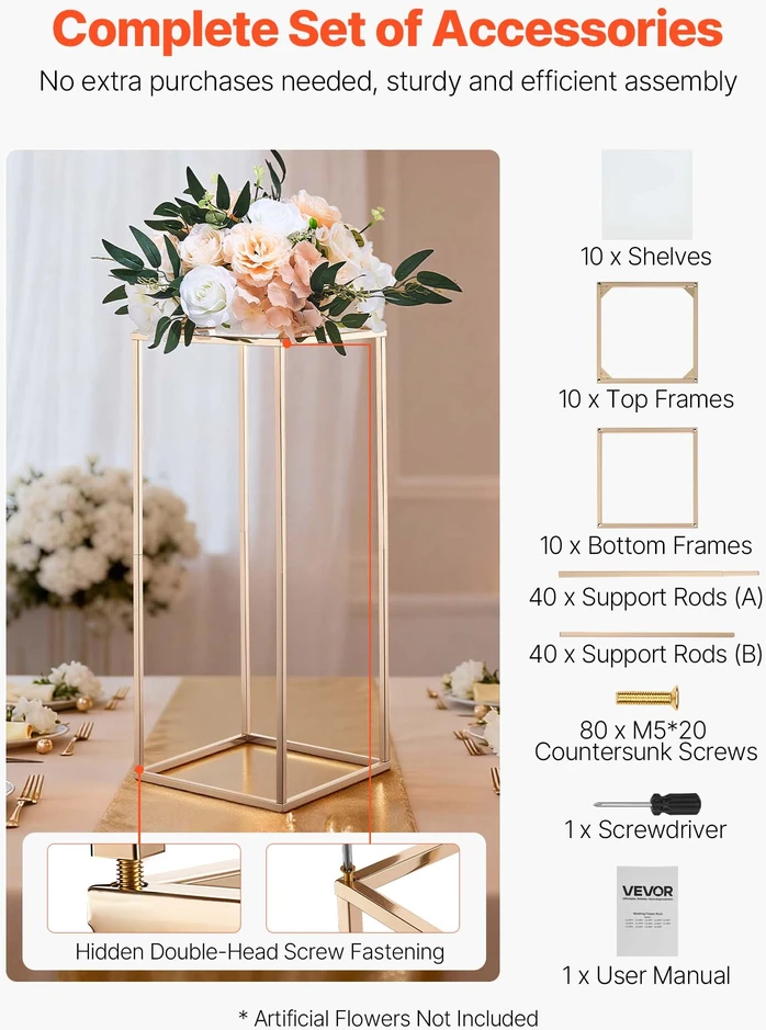 Gėlių stovas vestuvėms. 10 vnt.. 60 cm. akrilo laminatas. aukso spalvos stačiakampis