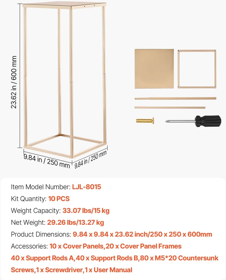 Gėlių stovas vestuvėms. 10 vnt.. 60 cm. metalo laminatas. aukso spalvos stačiakampis