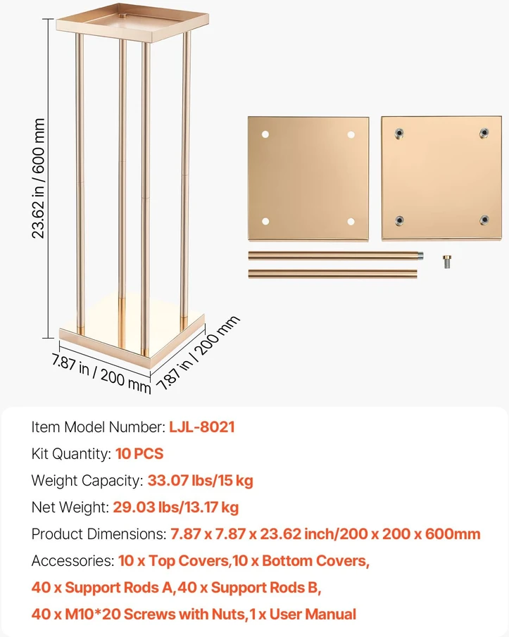 Gėlių stovas vestuvėms. 10 vnt.. 60 cm. metalo laminatas. kubinis cilindrinis