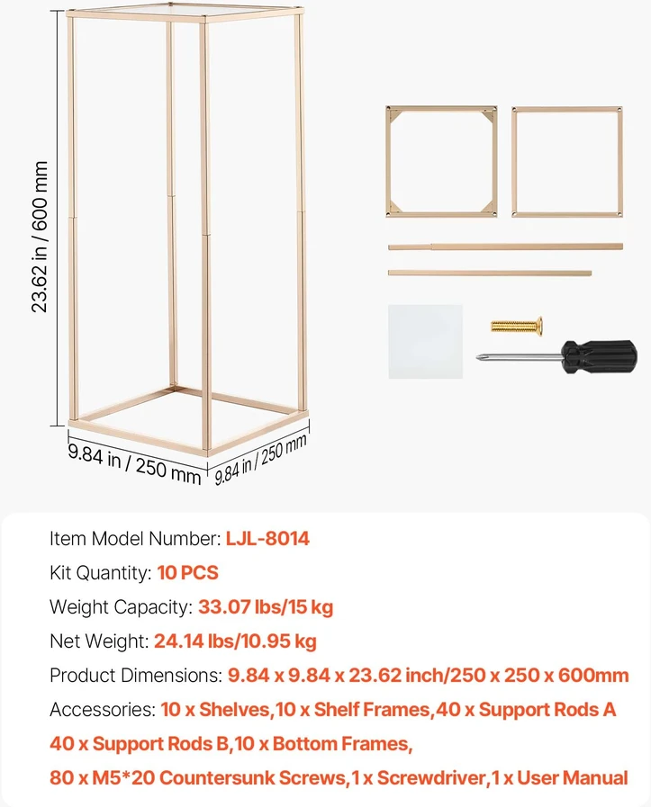 Gėlių stovas vestuvėms. 10 vnt.. 60 cm. akrilo laminatas. aukso spalvos stačiakampis