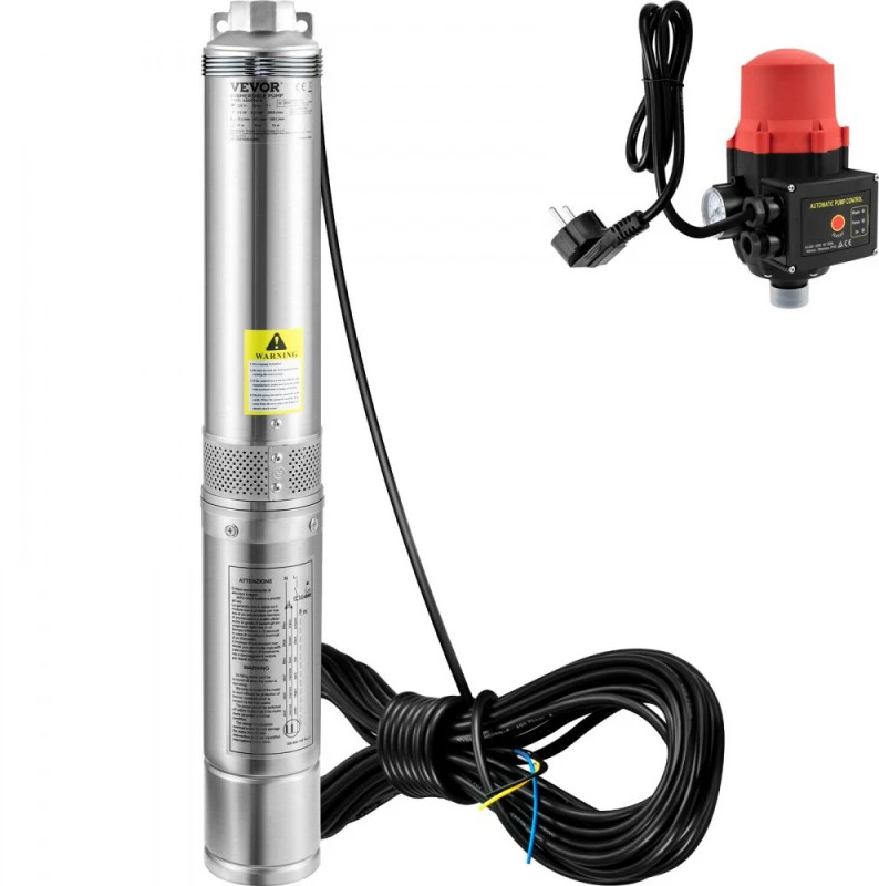 Giliavandenis siurblys su slėgio jungikliu. 750W. 105 l/min. 62 m kėlimo aukštis. 20 m laidas. skersmuo 89 mm