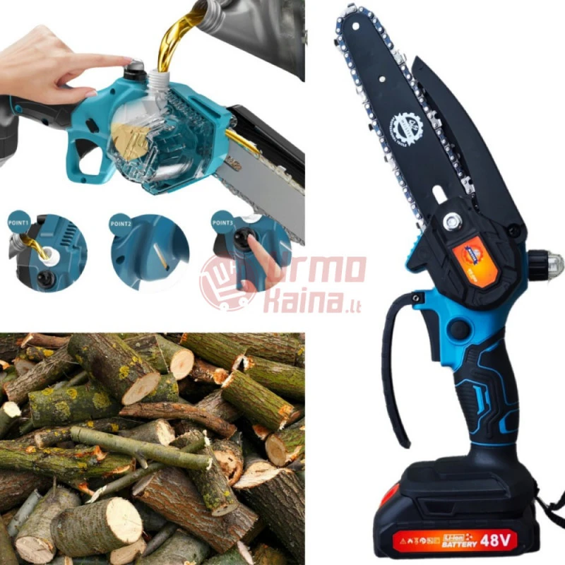 Grandininis pjūklas Akumuliatorinis grandininis genėjimo pjūklas su grandinės tepimu MEISTER MS-030 + 2 akumuliatoriai 6"+6" 850 W