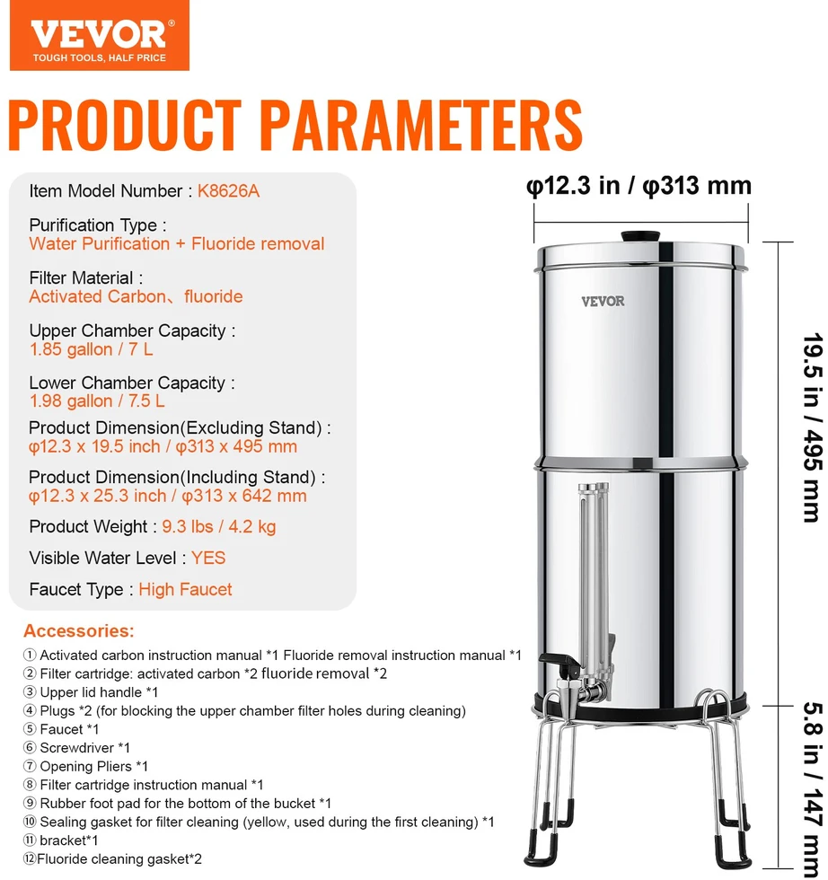 Gravitacinė vandens filtravimo sistema 7+7.5L. 2 anglies ir 2 defluorinimo filtrai. kemperiams