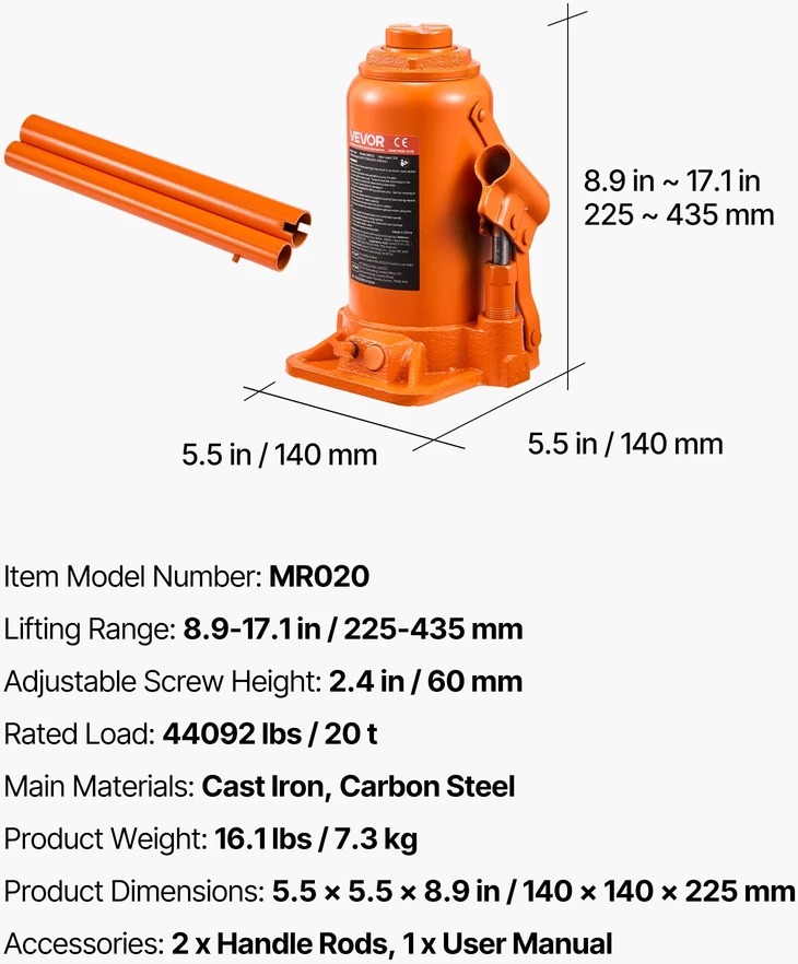 Grindinis lazdelės tipo keltuvas 20T kėlimo diapazonas 225-435 mm
