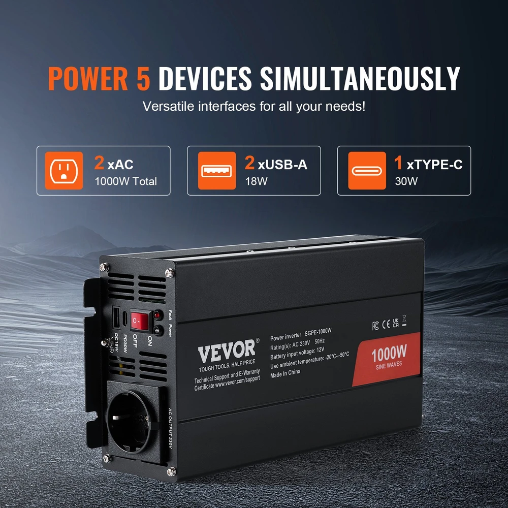 Grynosios sinusoidės invertorius 1000 W 12 V DC į 230 V AC su nuotoliniu valdymu