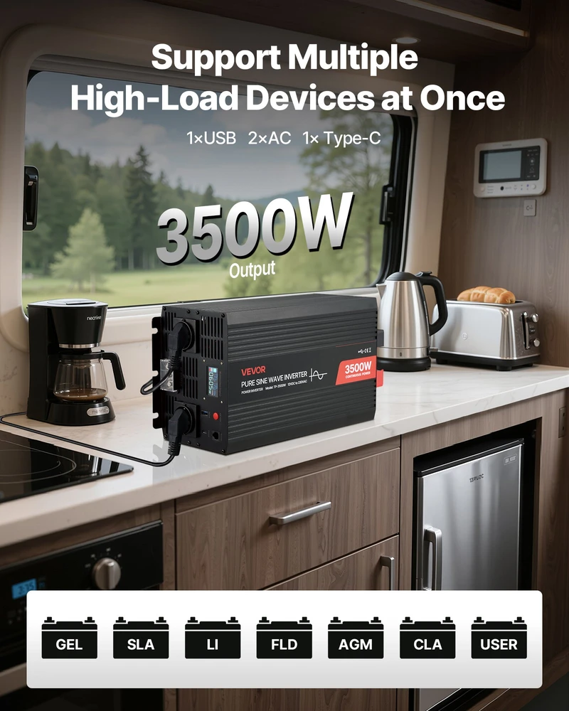 Grynosios sinusoidės invertorius 3500 W 12 V DC į 230 V AC su LCD ekranu