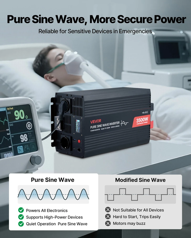 Grynosios sinusoidės invertorius 3500 W 12 V DC į 230 V AC su LCD ekranu