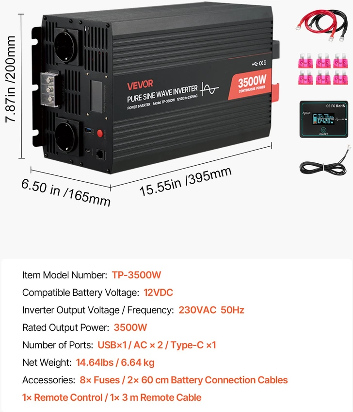 Grynosios sinusoidės invertorius 3500 W 12 V DC į 230 V AC su LCD ekranu