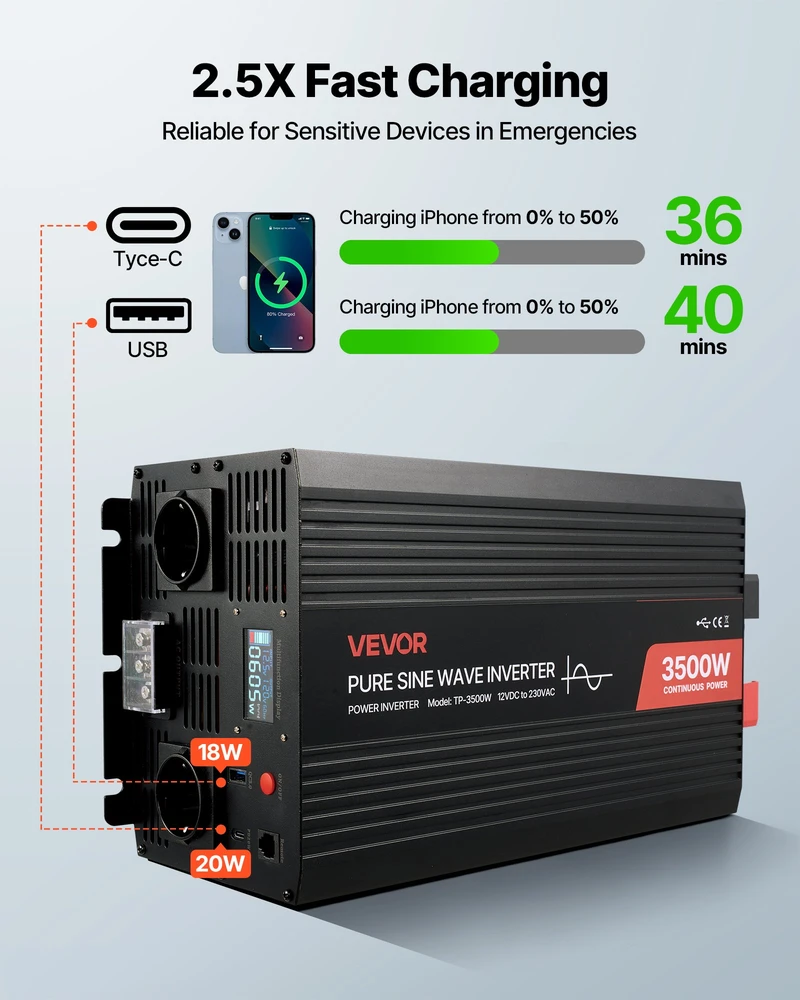 Grynosios sinusoidės invertorius 3500 W 12 V DC į 230 V AC su LCD ekranu