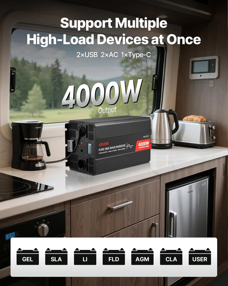 Grynosios sinusoidės invertorius 4000 W 12 V DC į 230 V AC su LCD ekranu
