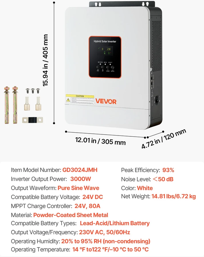Hibridinis saulės inverteris 3000W 24V DC į 230V AC su integruotu MPPT 80A reguliatoriumi